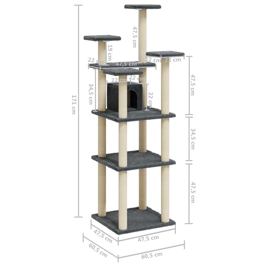 Arbre à chat avec griffoirs en sisal Gris foncé 171 cm