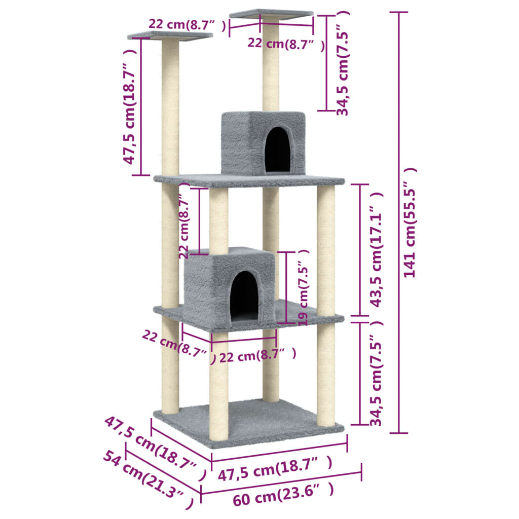 Arbre à chat avec griffoirs en sisal Gris clair 141 cm