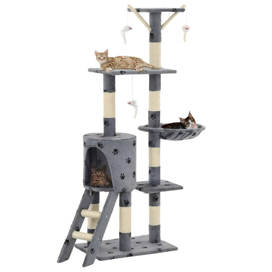 Arbre à chat avec griffoir en sisal 138 cm Gris Motif de pattes - Animalerie en ligne Kat-Shop