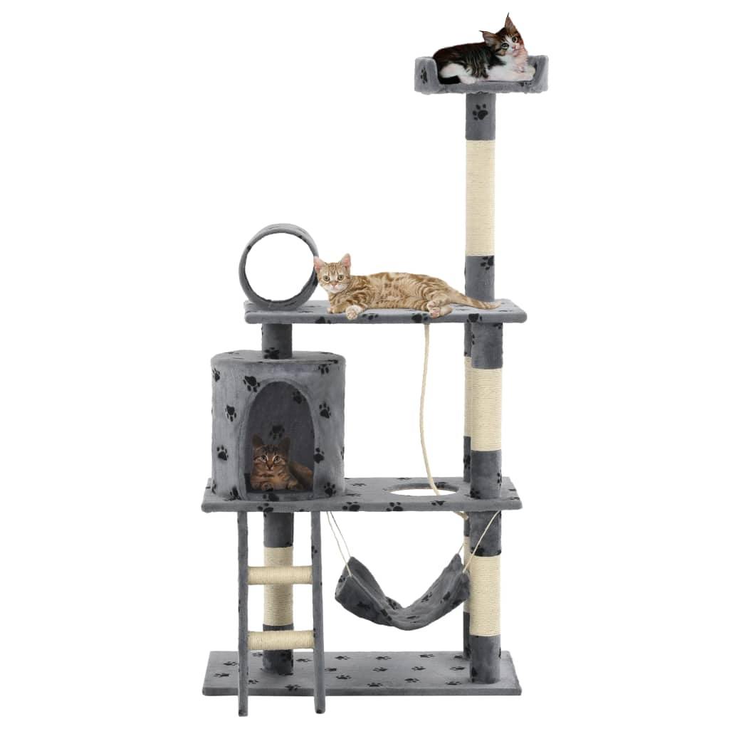 Arbre à chat avec griffoir en sisal 140 cm Gris Motif de pattes - www.kat-shop.be